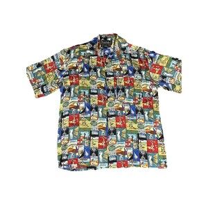 Vintage Nicole Miller Silk Button Shirt Gold AOP Short Sleeve Size Small‎